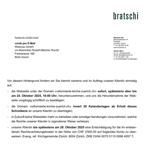 Brief Anwalt Adrian Bieri, Kanzlei Bratschi Zürich
