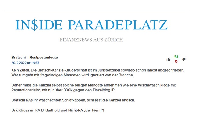 Inside Paradeplatz: „Bratschi = Restpostenleute“
